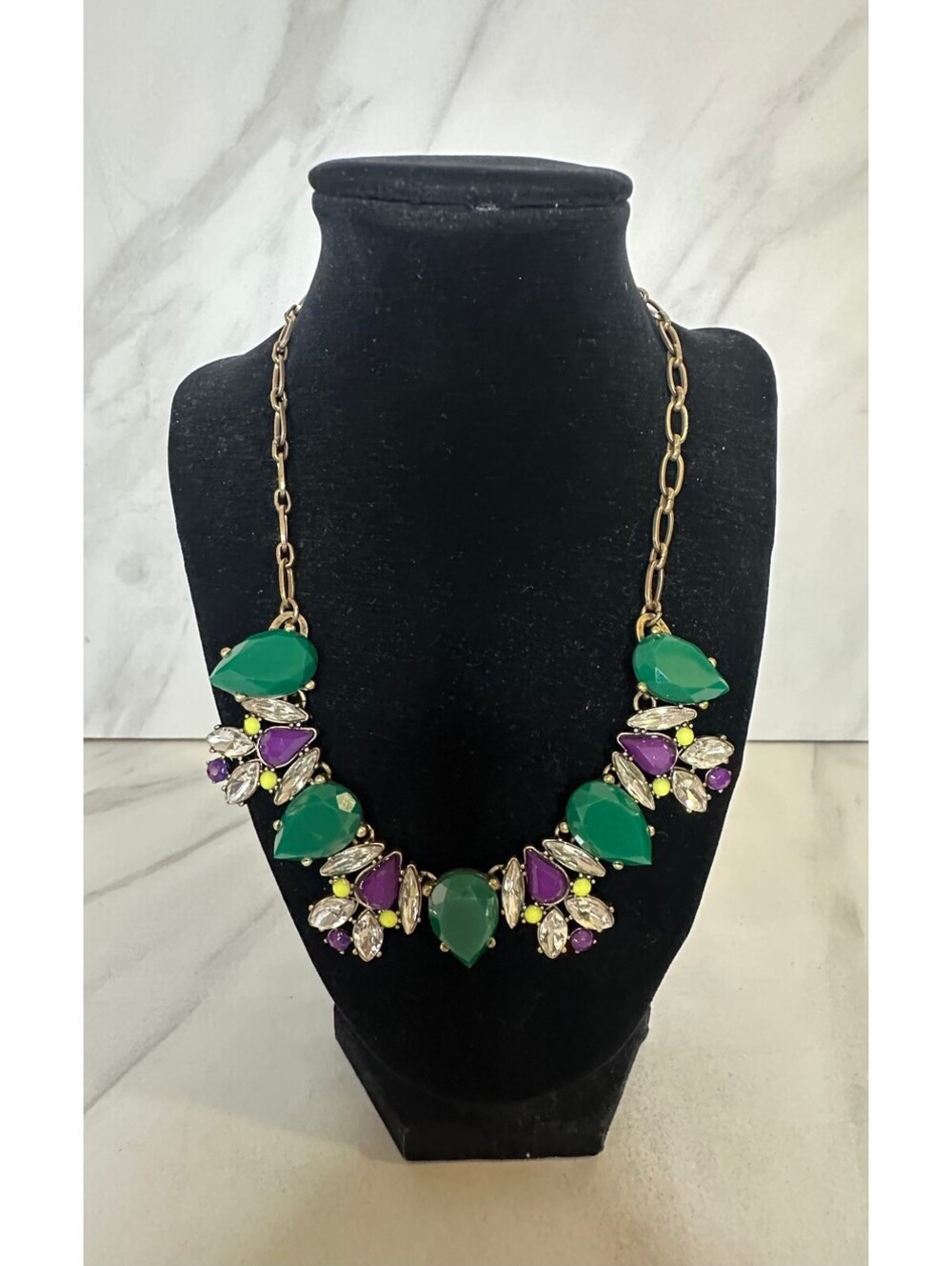Green and purple jewel tone stone floral statement bib necklace